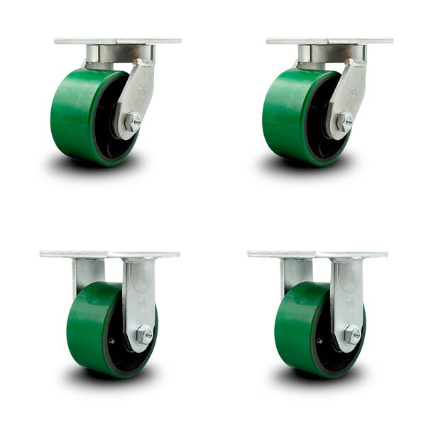 6 Inch Heavy Duty Green Poly on Cast Iron Wheel Caster Swivel 2 Rigid SCC, 2PK